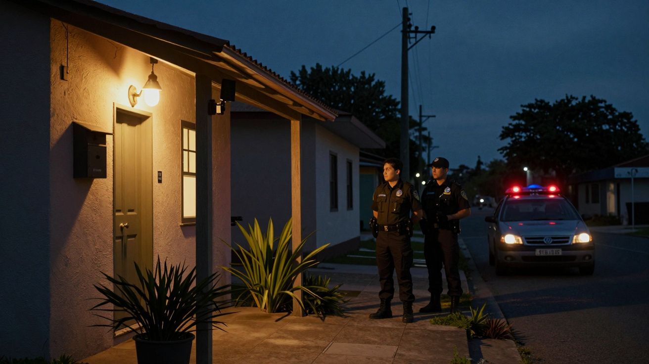 Dois policiais em frente a uma casa iluminada à noite, com viatura ao fundo, rua deserta.