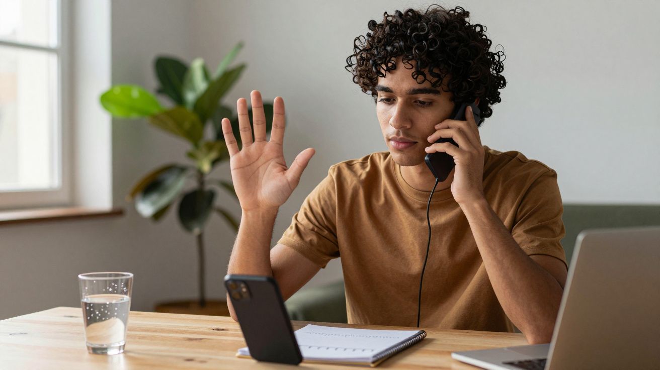 Homem jovem em chamada de vídeo, segurando celular e levantando a mão, sentado à mesa com laptop e caderno.