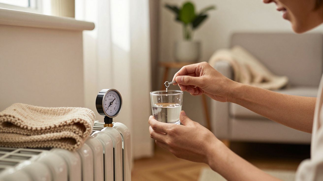 Pessoa segura um copo de água ao lado de um aquecedor com termômetro em uma sala iluminada.
