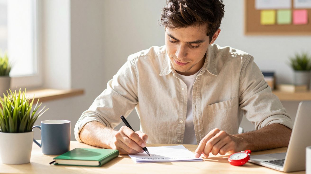 Jovem concentrado escreve em mesa de escritório, com laptop, plantas e caderno ao redor.