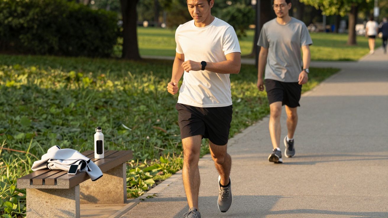 Homem correndo em parque ao lado de banco com garrafa de água e toalha, outro homem caminhando atrás.