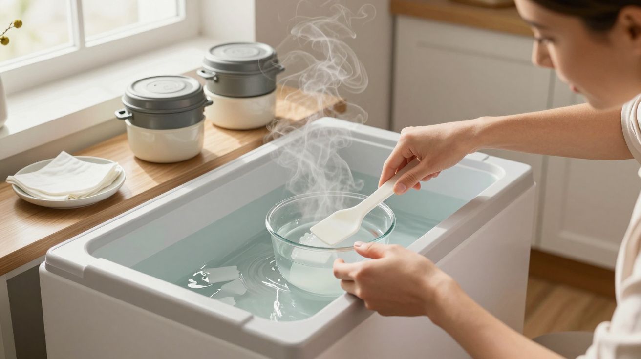 Mulher misturando ingrediente em tigela de vidro sobre panela com vapor na cozinha, com potes ao fundo na bancada.