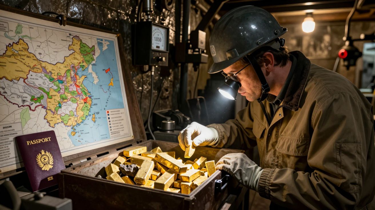 Homem com capacete e lâmpada examina barras de ouro em mala, mapa da China e passaporte ao lado.