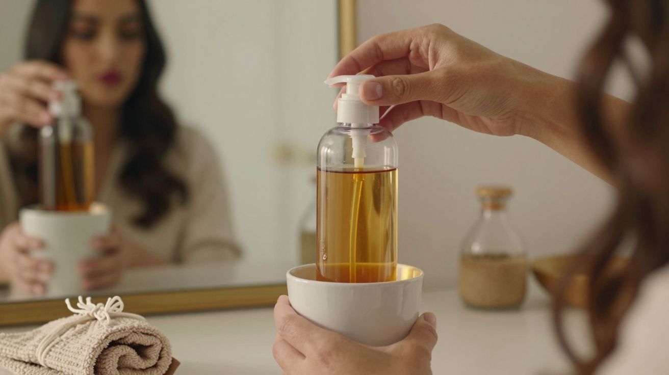 Mãos segurando frasco de óleo em frente ao espelho, enquanto mulher segura recipiente ao fundo.