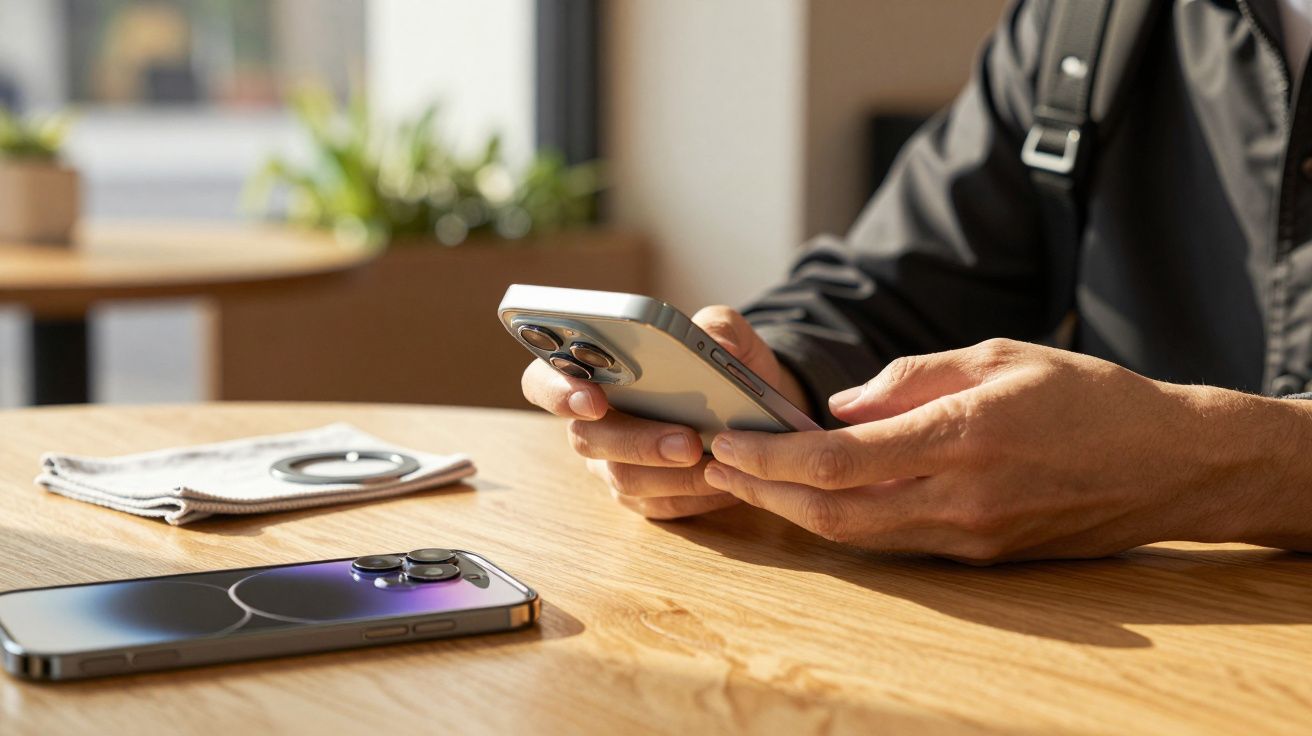 Pessoa segurando smartphone em mesa de madeira com outro celular ao lado, planta ao fundo.