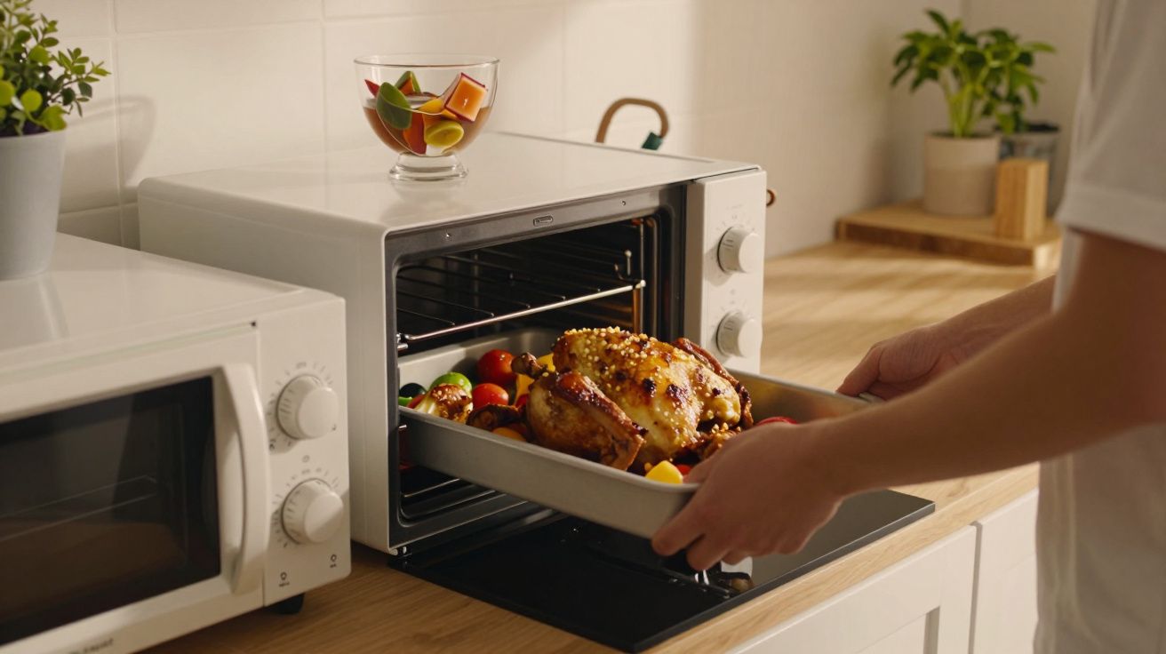 Pessoa colocando bandeja com frango assado e legumes no forno, em uma cozinha moderna com micro-ondas ao lado.
