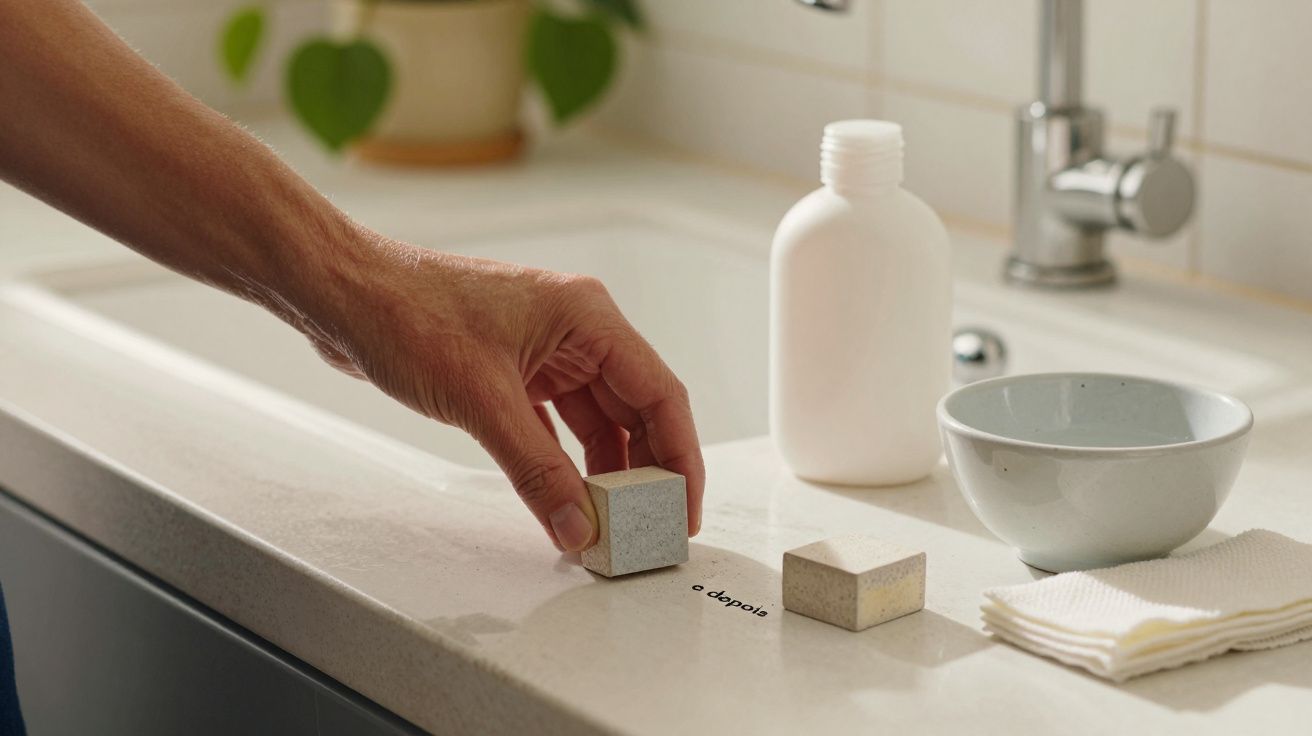 Mão pegando um cubo no balcão da pia; ao lado, garrafa branca, tigela cinza e toalhas.