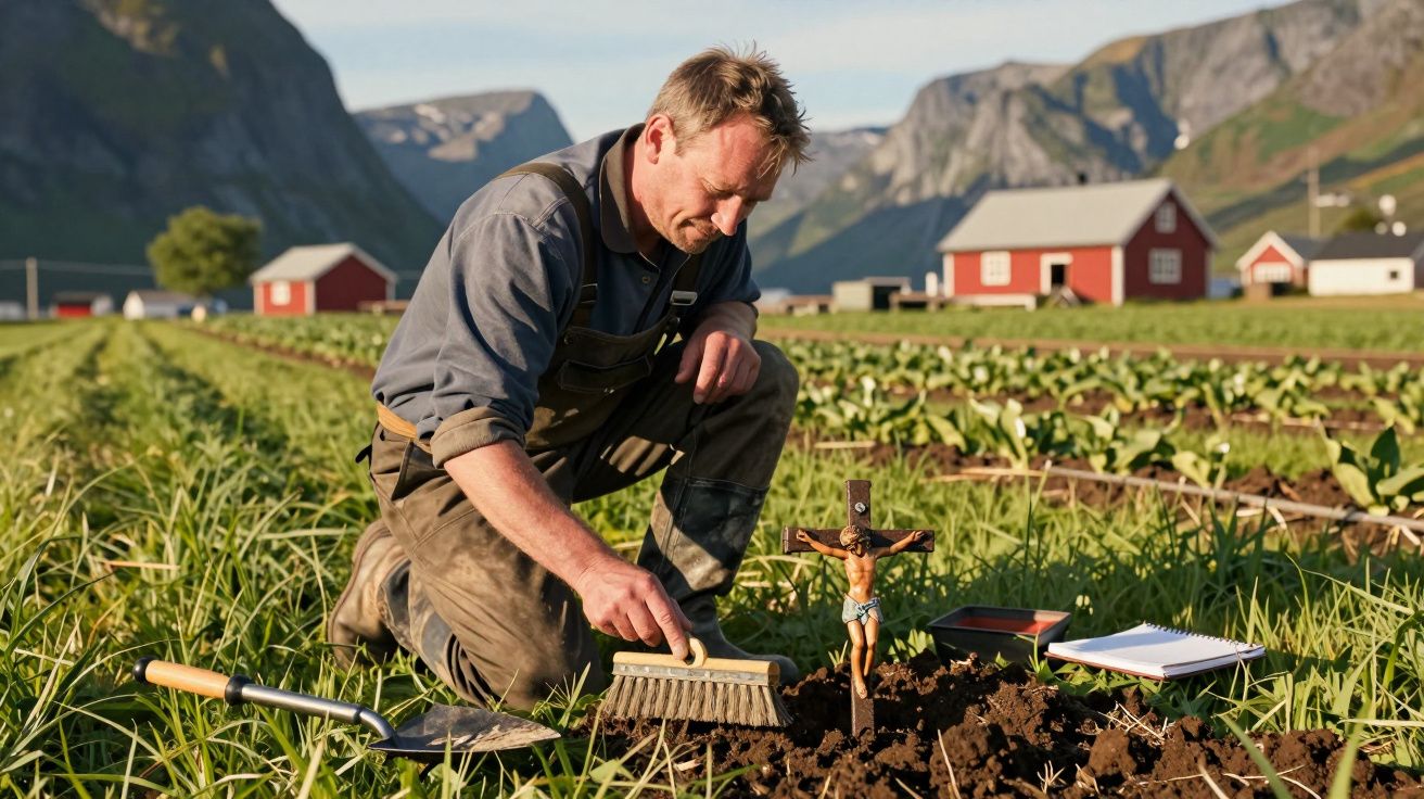 Homem ajoelhado em campo com plantação, limpando um crucifixo de madeira no solo, ao lado de um caderno e uma pá.
