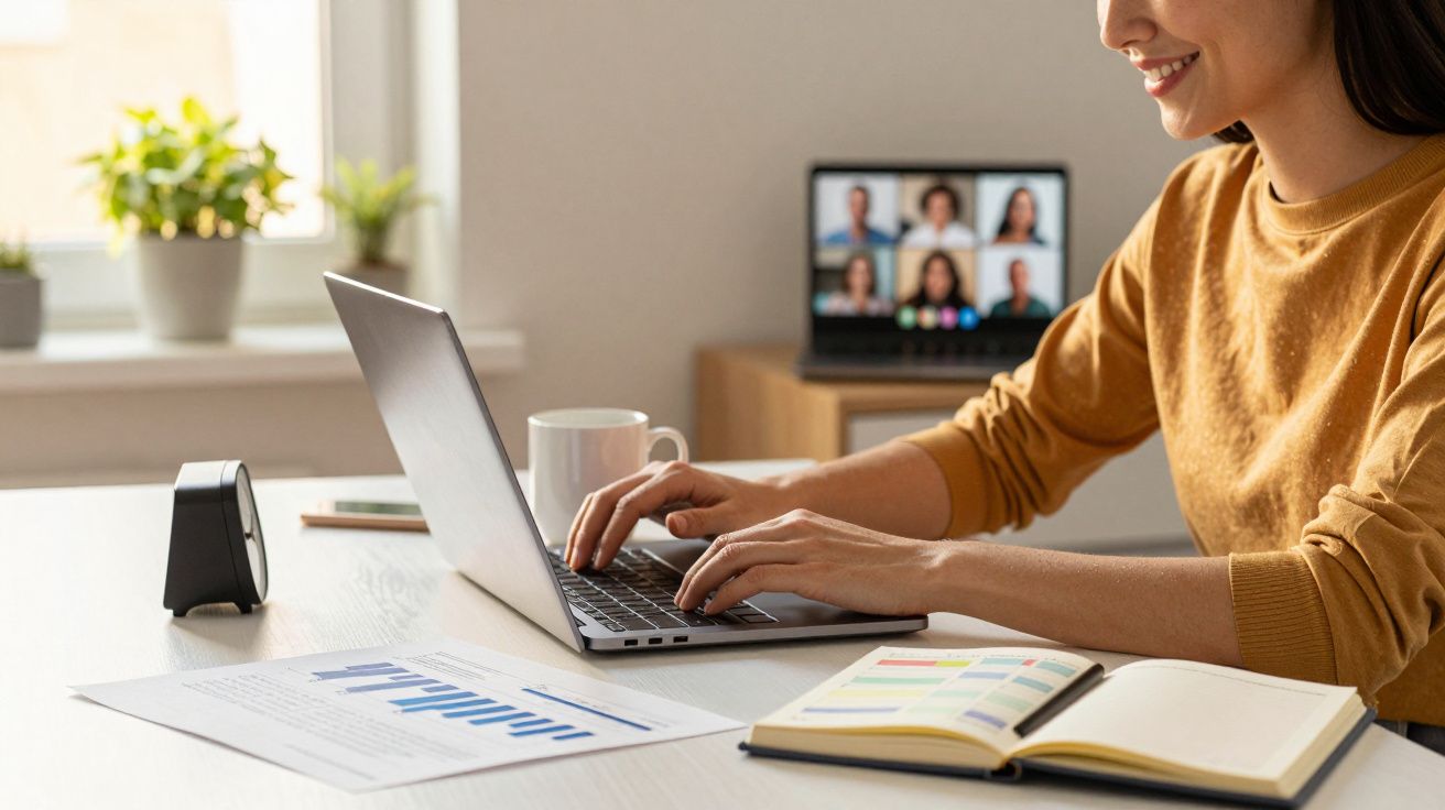 Mulher digitando em laptop em escritório iluminado. Papel com gráfico e caderno na mesa. Videoconferência em segundo plano.