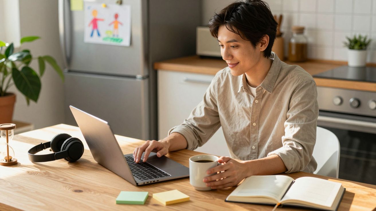Pessoa trabalhando em laptop na cozinha, segurando uma caneca, com fones de ouvido e caderno na mesa.