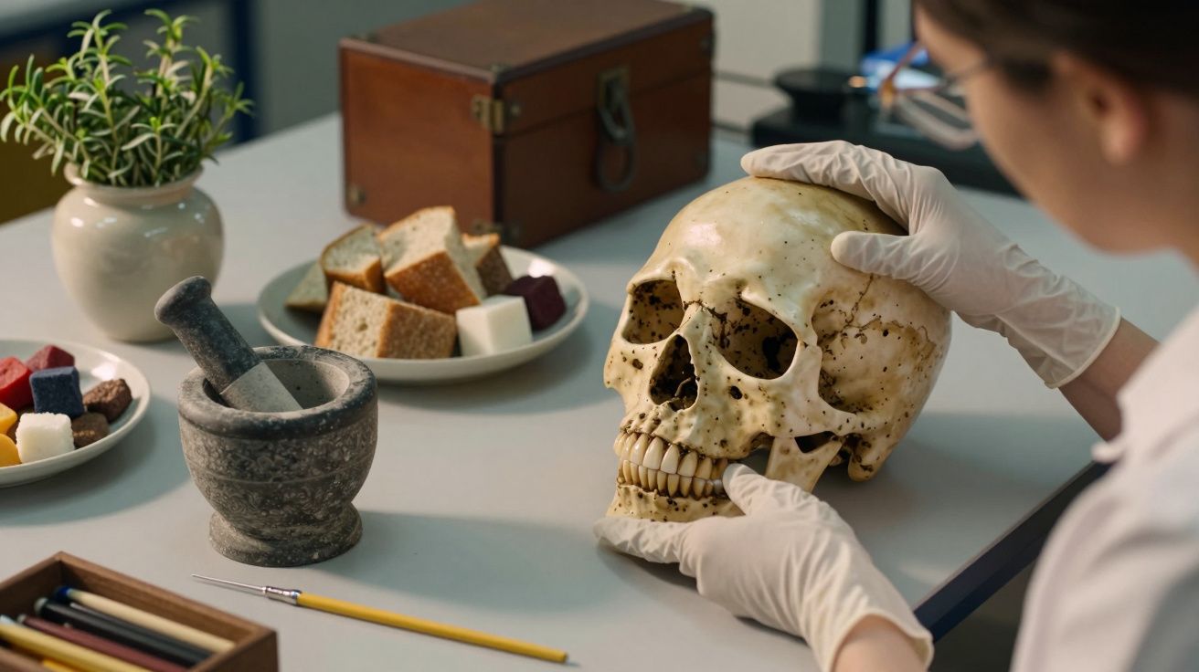 Pessoa com luvas segurando um crânio em uma mesa com ervas, utensílios de escrita e alimentos variados.