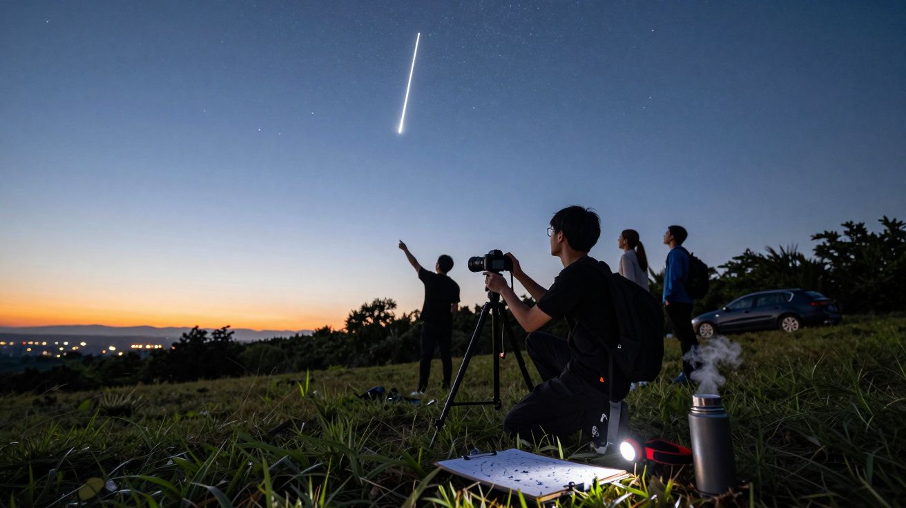 Grupo observa o céu ao anoitecer, capturando estrela cadente com câmera e telescópio, ao ar livre em campo aberto.