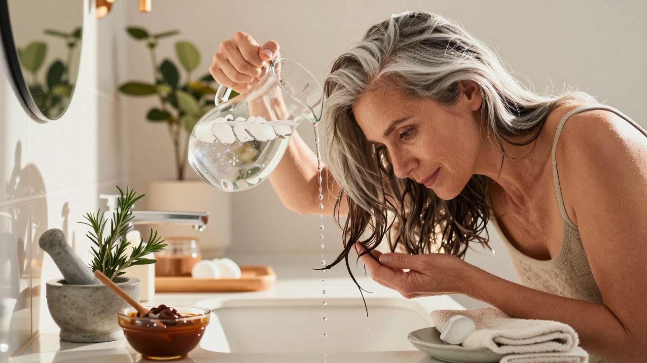 Mulher com cabelo grisalho lavando os cabelos na pia com água de jarra, em ambiente iluminado e decorado com plantas.