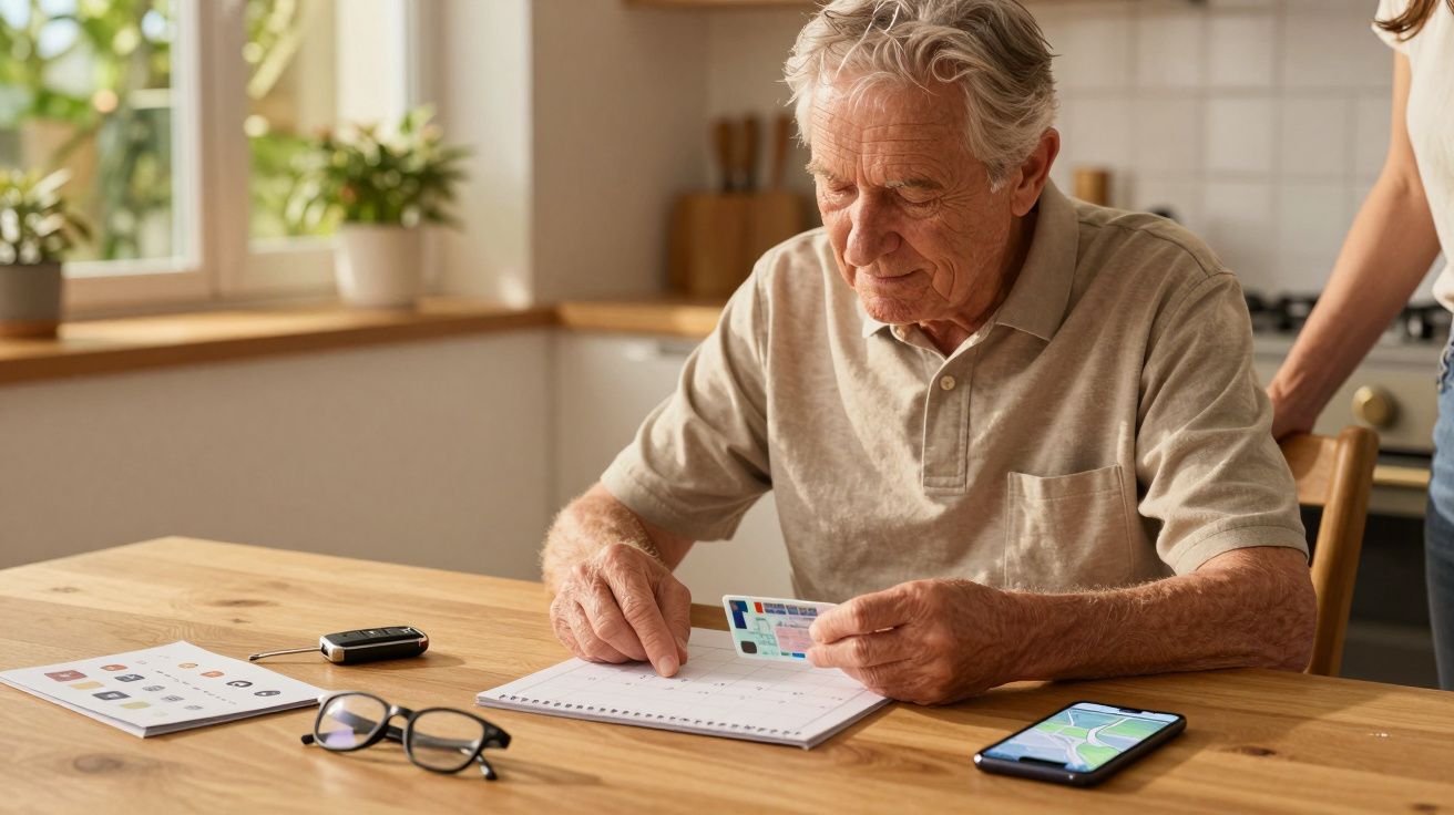 Idoso sentado à mesa, segurando um cartão e olhando para um caderno, com um celular e óculos próximos.