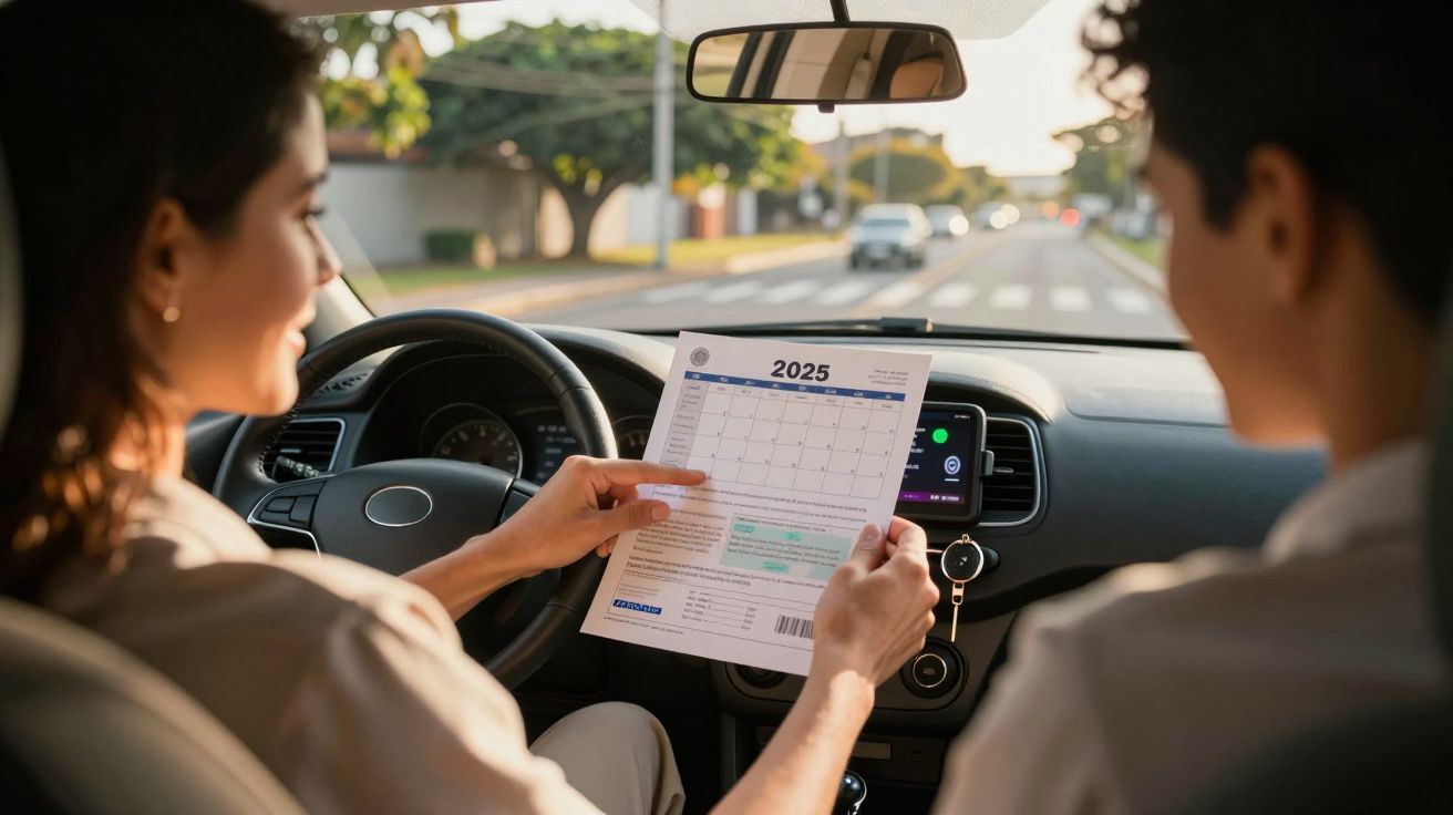 Mulher no carro olhando calendário de 2025 enquanto outra pessoa está no banco do passageiro.