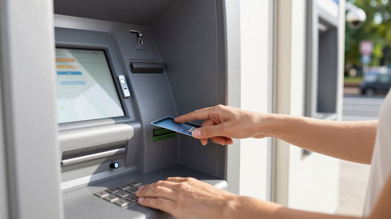 Pessoa usando um caixa eletrônico, inserindo um cartão. Tela do caixa com opções visíveis.