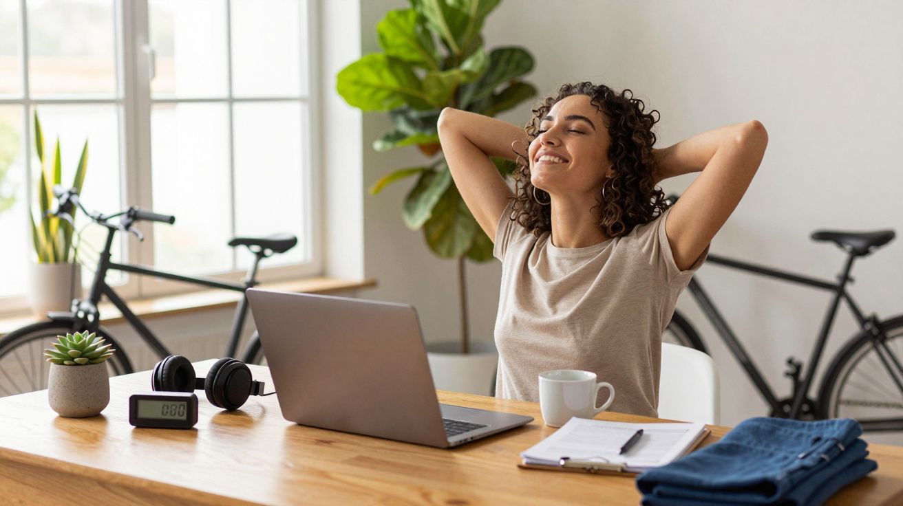 Mulher sorrindo, relaxando em frente ao laptop, com xícara de café e bicicleta ao fundo em ambiente iluminado.