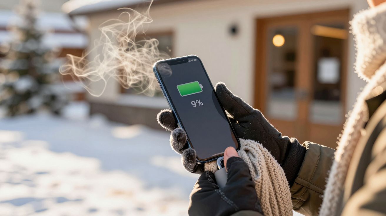 Pessoa com luvas segurando celular com 9% de bateria ao ar livre em ambiente nevado.
