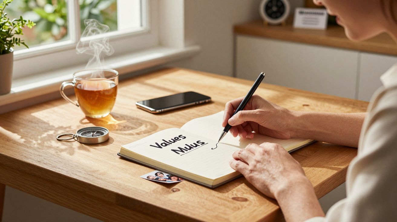 Pessoa escrevendo em caderno em uma mesa de madeira, ao lado de chá, celular e foto pequena.