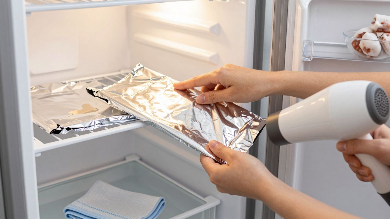 Pessoa segura folha de alumínio em frente ao secador de cabelo dentro de um freezer parcialmente aberto.