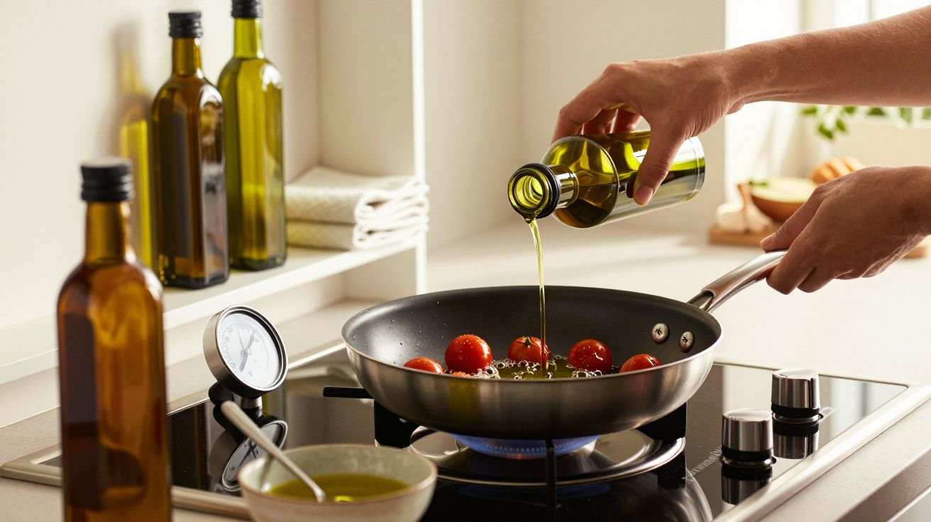 Mãos despejando azeite em frigideira com tomates sobre fogão. Garrafas de azeite e termômetro ao lado.