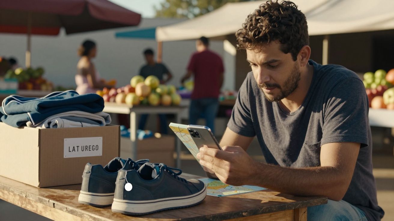 Homem sentado em mercado ao ar livre, usando celular ao lado de caixa de roupas e sapatos sobre a mesa.