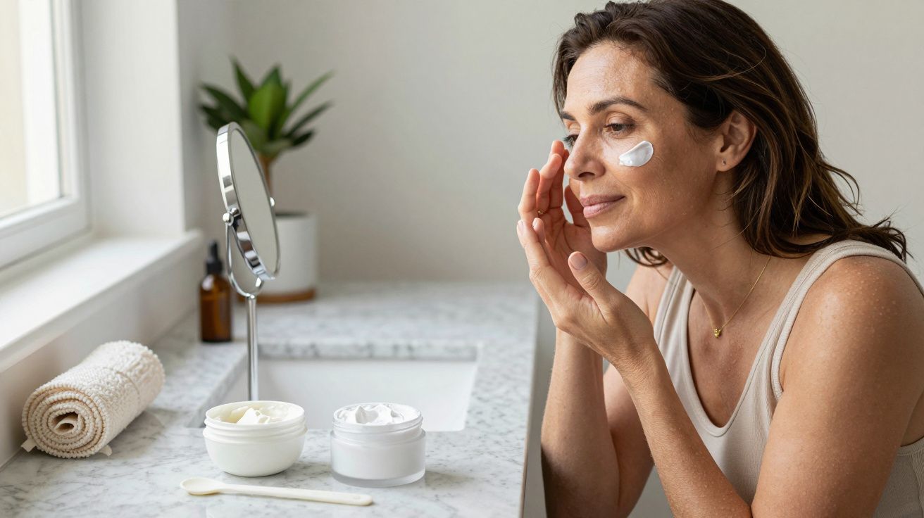 Mulher aplica creme no rosto diante de espelho em banheiro com bancada de mármore.