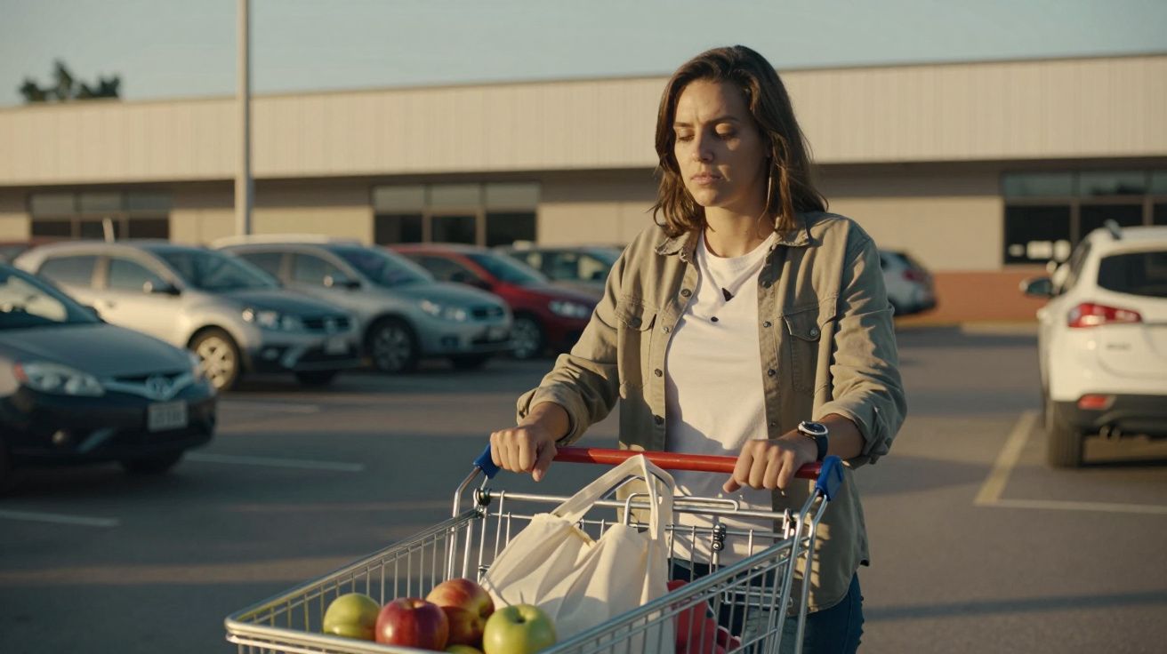 Mulher empurrando carrinho de compras com frutas em estacionamento ao ar livre durante o dia.