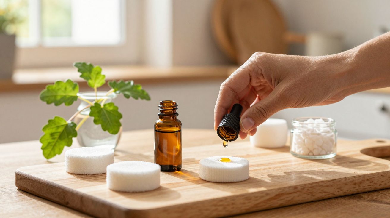 Mão aplicando óleo essencial em pastilha branca sobre tábua de madeira, planta ao fundo.