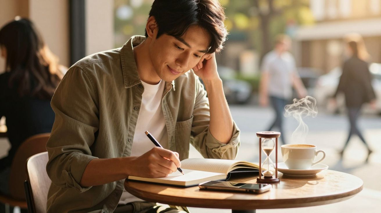 Homem escrevendo em um caderno em café, com xícara de café e ampulheta sobre a mesa.
