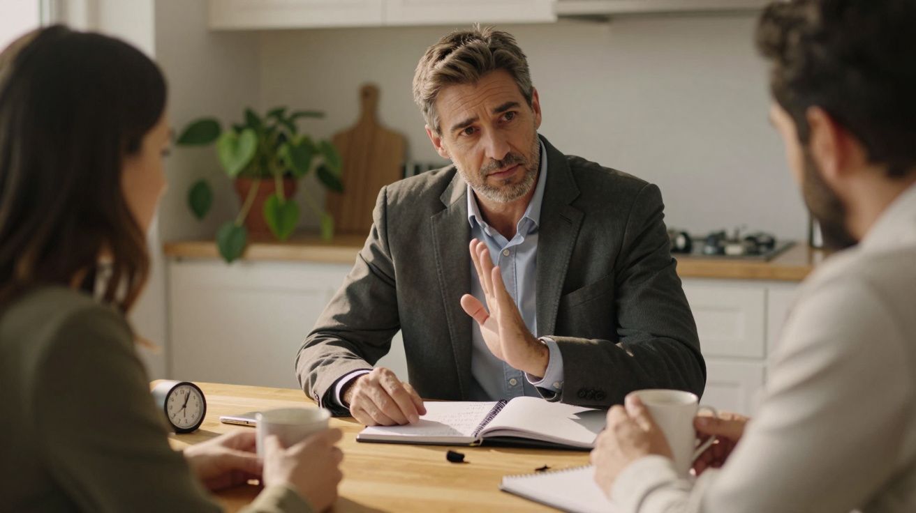 Homem de terno gesticulando em reunião com duas pessoas, em uma cozinha moderna, com bloco de notas e xícaras.