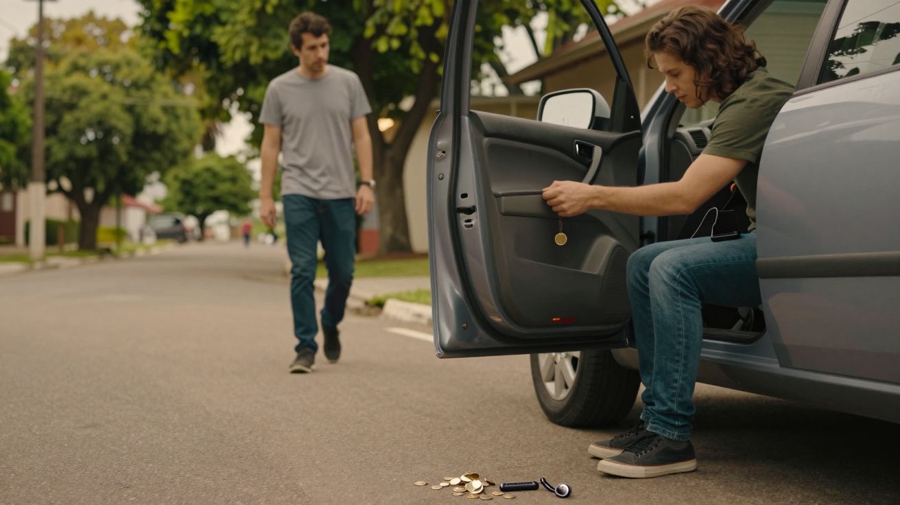 Homem agachado em carro cinza pega moedas caídas no chão, outro homem se aproxima ao fundo.