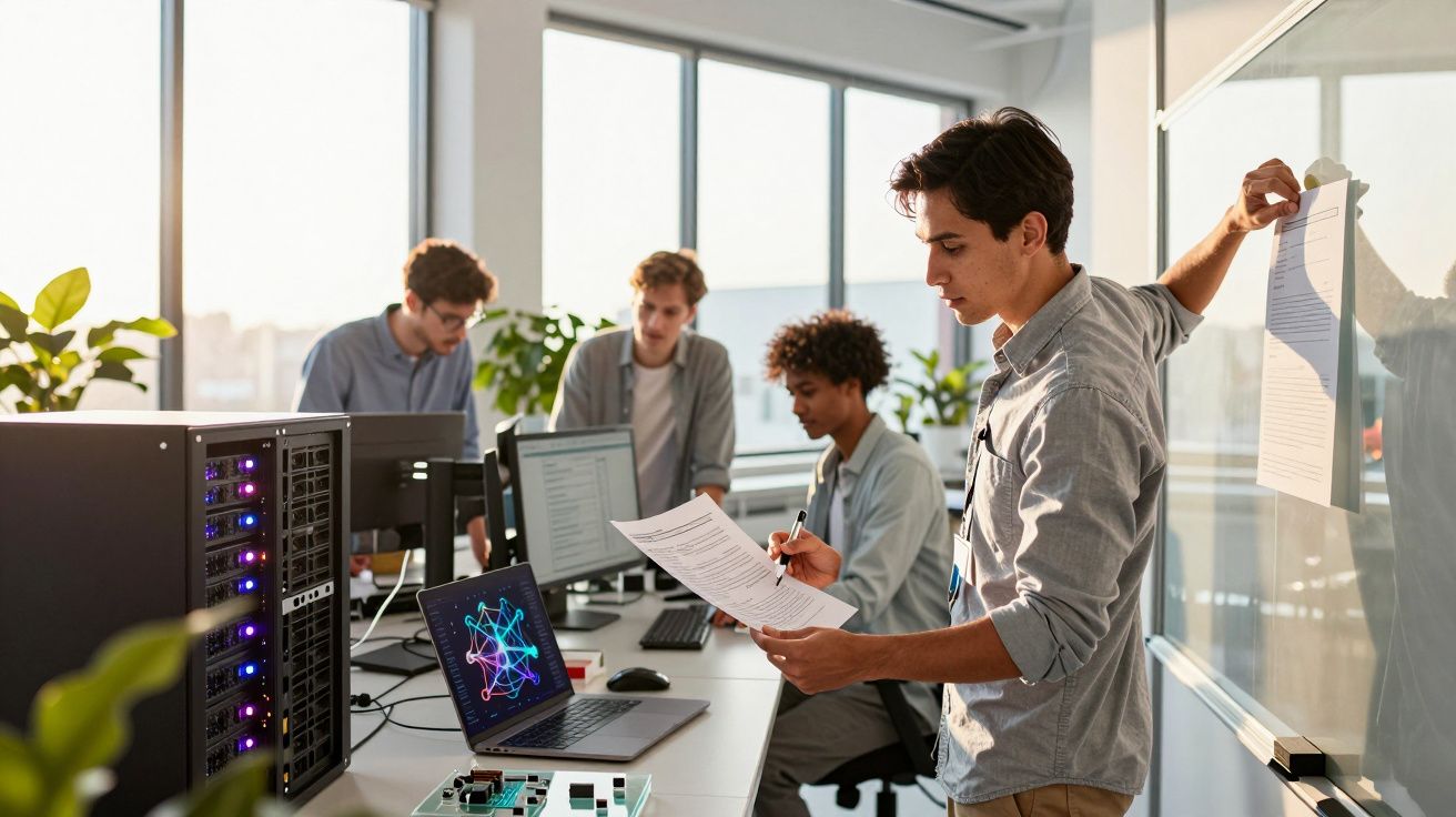 Homem apresentando dados em escritório de tecnologia, com três colegas trabalhando em computadores ao fundo.