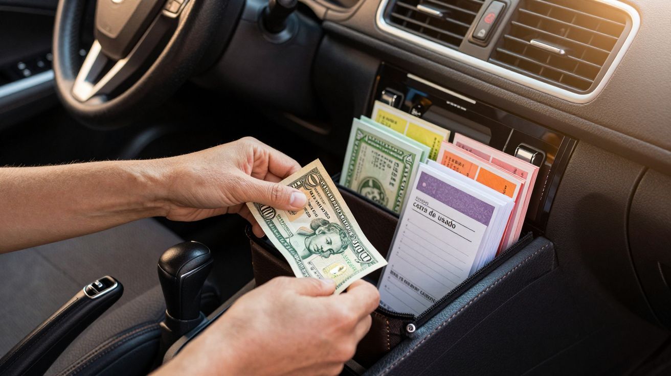 Pessoa contando notas de dólar ao lado de um porta-objetos de carro com cartões e papéis organizados.