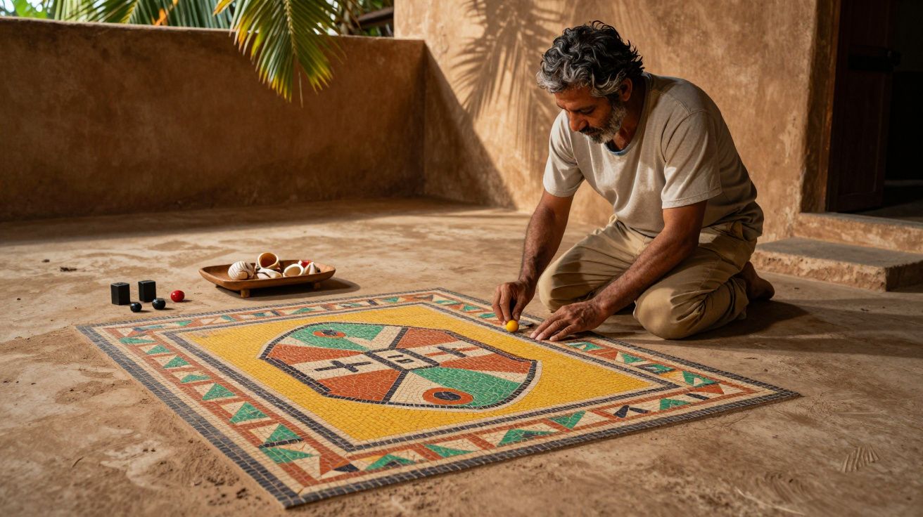 Homem cria arte em mosaico colorido no chão, rodeado por objetos pequenos e uma tigela sob sombra de folhagem.