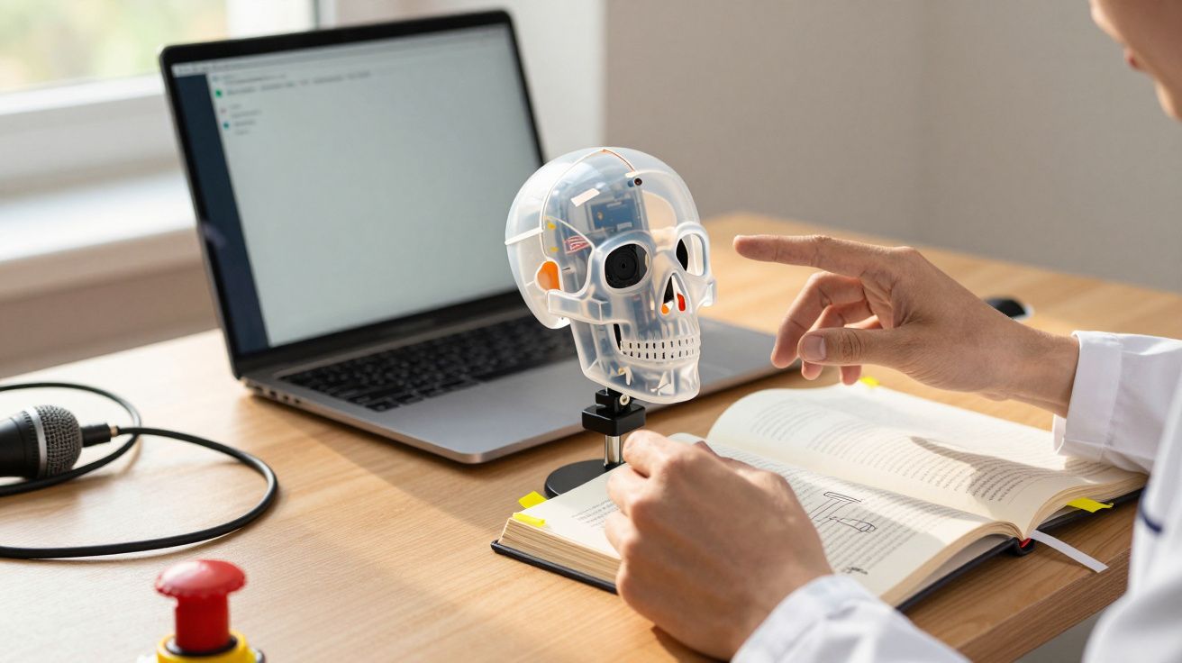Pessoa estudando com modelo de crânio transparente em mesa, notebook aberto ao fundo.
