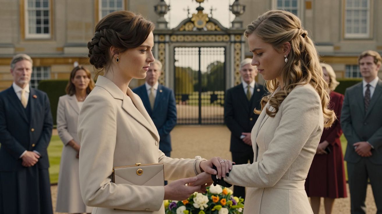 Duas mulheres de vestidos claros se encaram e seguram as mãos em frente a um portão, com pessoas ao fundo.