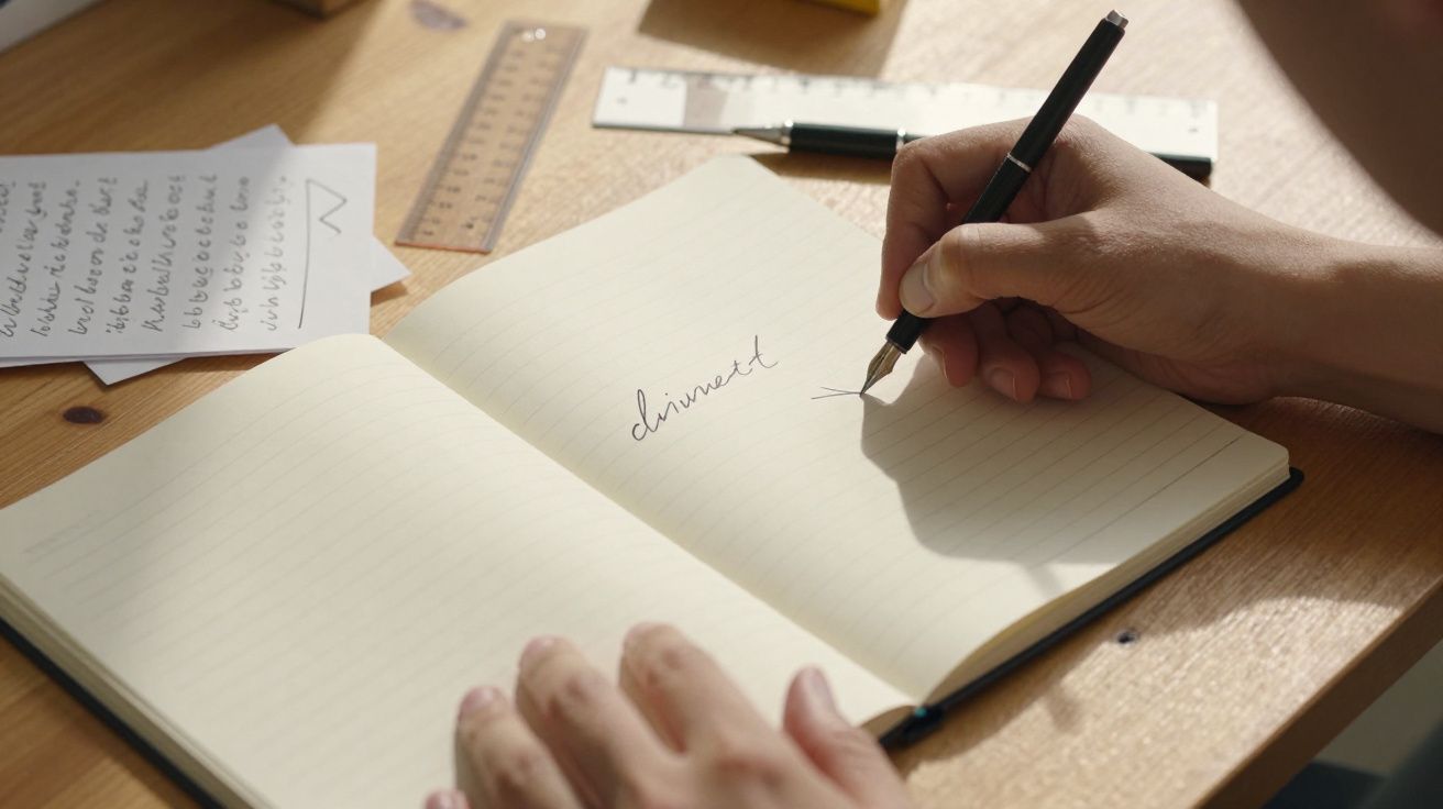 Pessoa escrevendo em caderno aberto sobre a mesa, com papéis, régua e caneta ao lado.