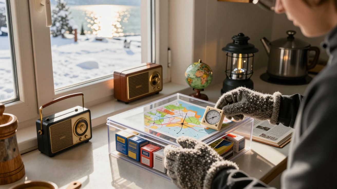 Homem com luvas observa relógio e mapa em uma caixa na janela, com rádios antigos, globo e lanterna ao redor.