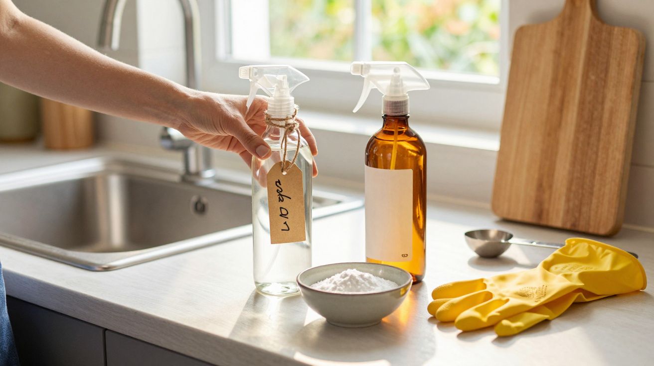Mão segurando borrifador em cozinha com pia, tigela de bicarbonato, luvas amarelas e utensílios de limpeza.
