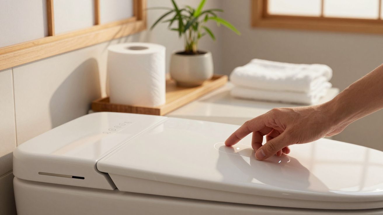 Mão pressionando botão em tampa de vaso sanitário, com papel higiênico e plantas ao fundo em banheiro iluminado.