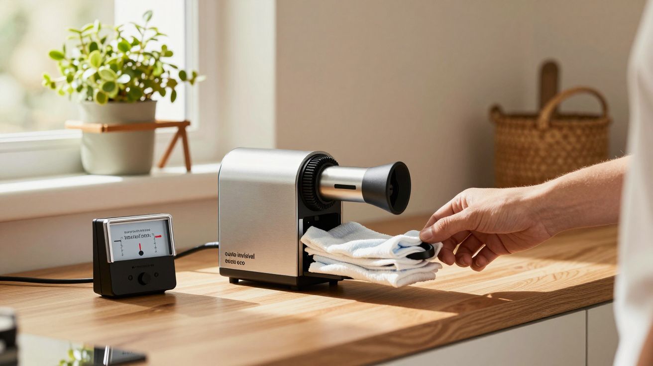 Máquina de enrolar camisetas em superfície de madeira clara, com planta na janela ao fundo.