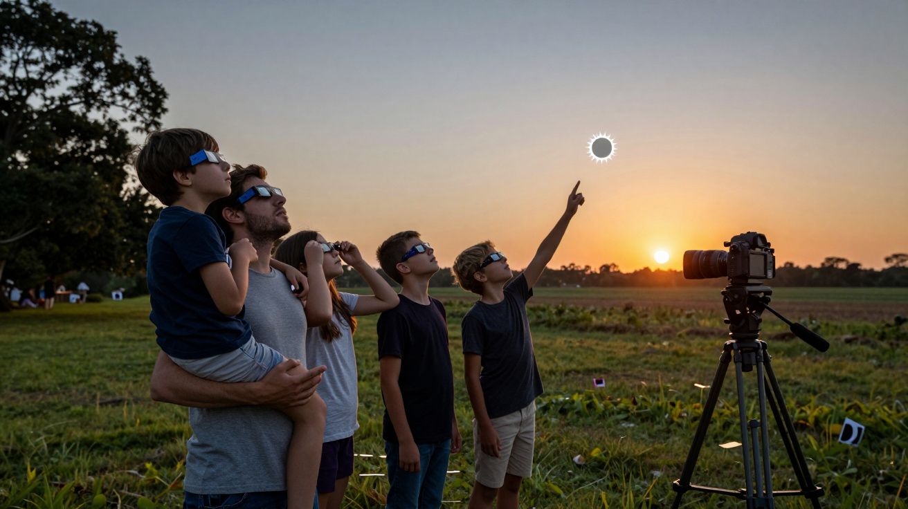 Grupo de pessoas com óculos especiais observa eclipse solar ao pôr do sol em campo aberto, com câmera em tripé.