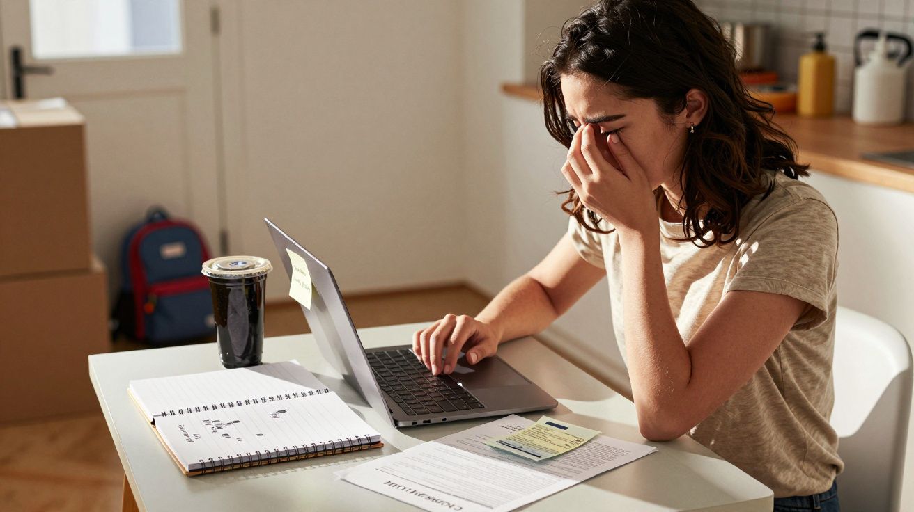 Mulher estressada em frente ao laptop com mão no rosto, notas adesivas, caderno e café na mesa, caixas ao fundo.