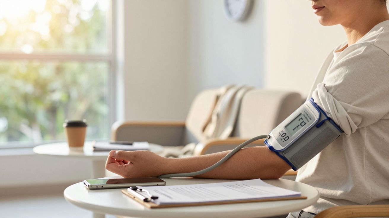 Pessoa medindo a pressão arterial em casa, com esfigmomanômetro no braço e anotações na mesa ao lado.