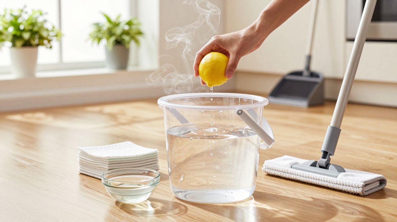 Mão espremendo limão em balde de água no chão de madeira, com pano, pote e esfregão ao fundo.