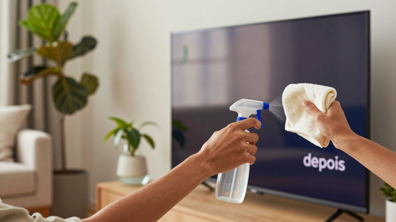 Mãos limpando uma TV com pano e spray, em uma sala com plantas. Tela mostra a palavra "depois".