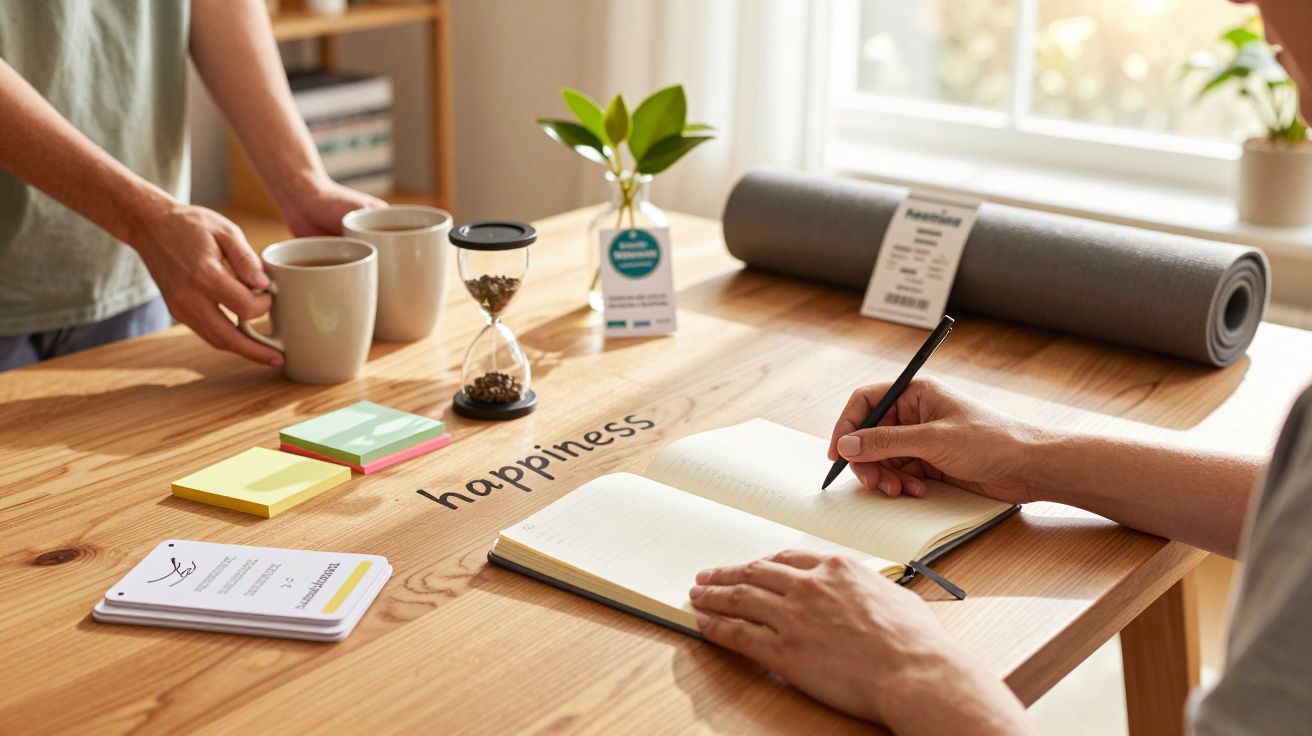 Mesa de madeira com notas adesivas, planta, ampulheta e caderno onde alguém escreve; outra pessoa segura duas xícaras de café