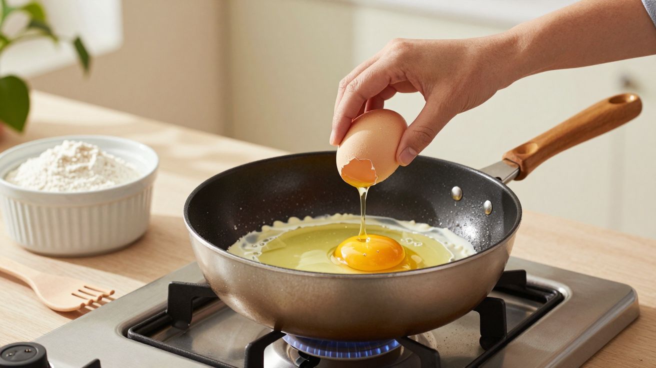 Pessoa quebrando um ovo em uma frigideira sobre fogão aceso, com pote de farinha ao lado.