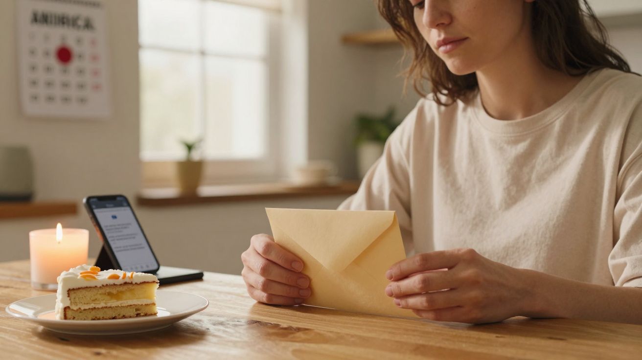 Mulher segurando envelope com celular ao fundo na mesa, ao lado de bolo e vela acesa.